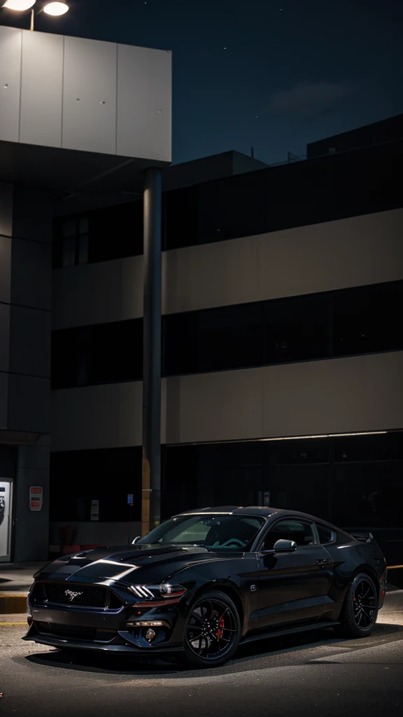 Ford Mustang GT color negro, in the city at night, posing on the side