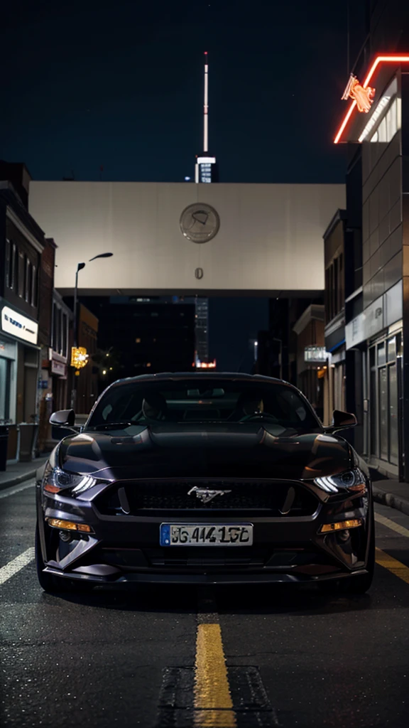 Ford Mustang GT color negro, in the city at night, posing on the side