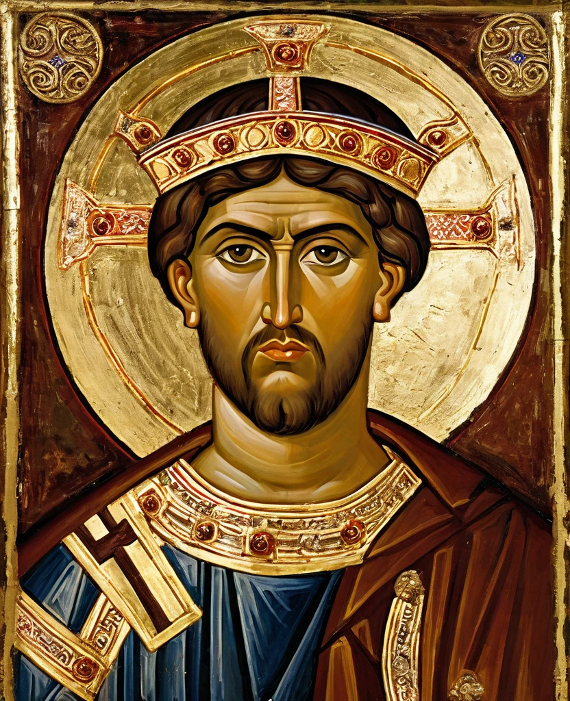 ((best qualityer)), ((work of art)), (detailded), Byzantine emperor, (Justinian), historic photo, meticulously detailed, best pose, best photo, best known portrait, 6th century, Greek-Slavic ethnicity, skin detailed, roman emperor, do the same, Short stubble, eyes browns, proud face, medieval painting 