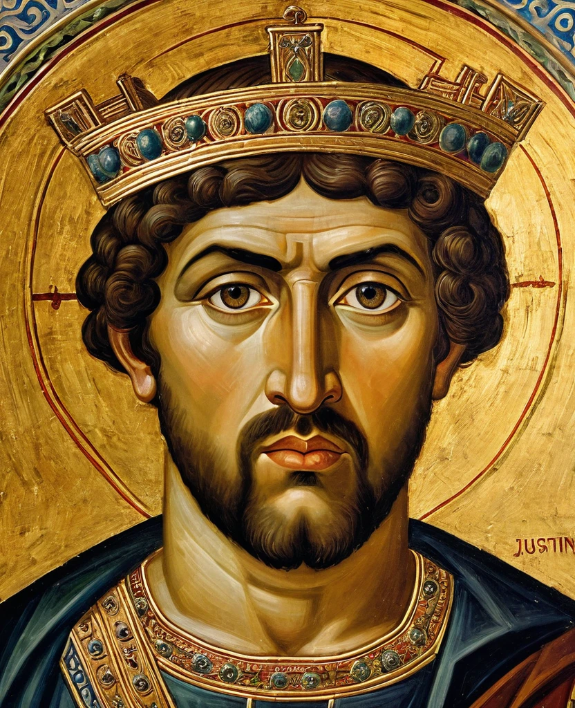 ((best qualityer)), ((work of art)), (detailded), Byzantine emperor, (Justinian), historic photo, meticulously detailed, best pose, best photo, best known portrait, 6th century, Greek-Slavic ethnicity, skin detailed, roman emperor, do the same, Short stubble, eyes browns, proud face, medieval painting 