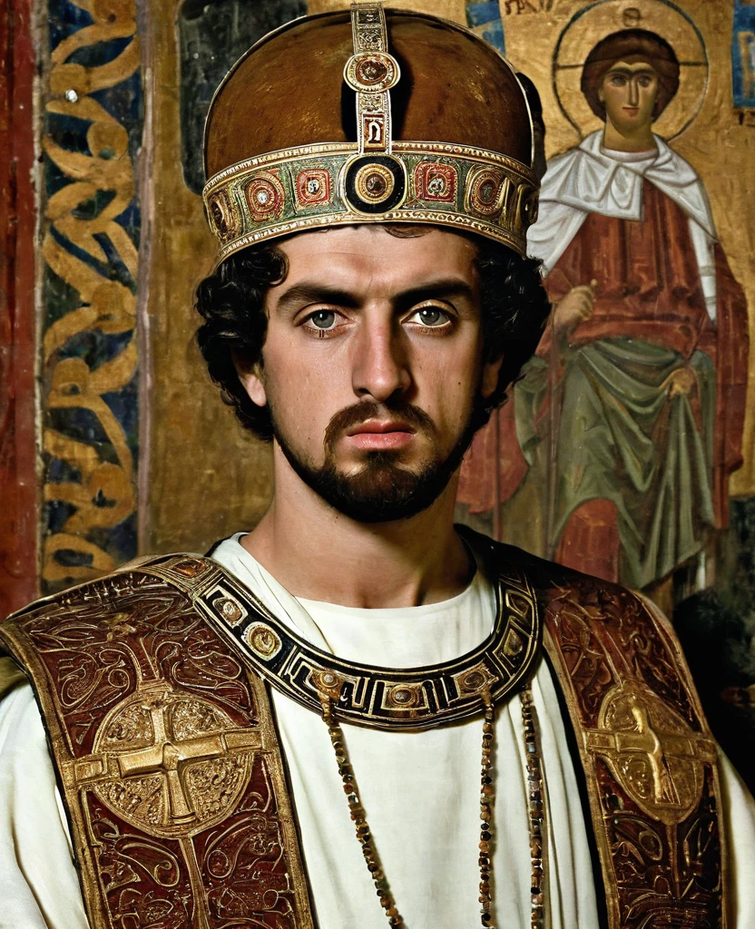 ((best qualityer)), ((work of art)), (detailded), Byzantine emperor, (Justinian), historic photo, meticulously detailed, best pose, best photo, best known portrait, 6th century, Greek-Slavic ethnicity, skin detailed, roman emperor, do the same, Short stubble, eyes browns, proud face, medieval painting 