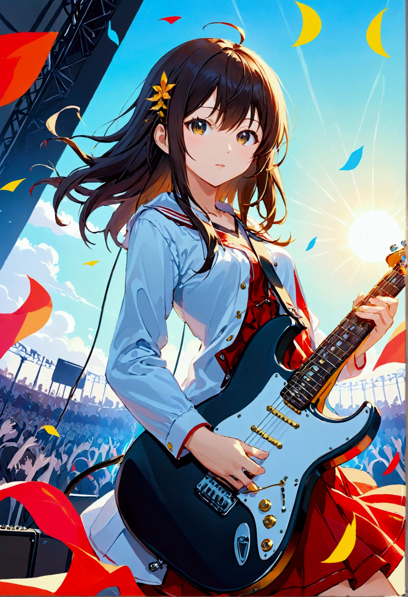 Kyoto Animation、high school girl、Electric guitar、Fender Stratocaster、Big Stage、front,whole body