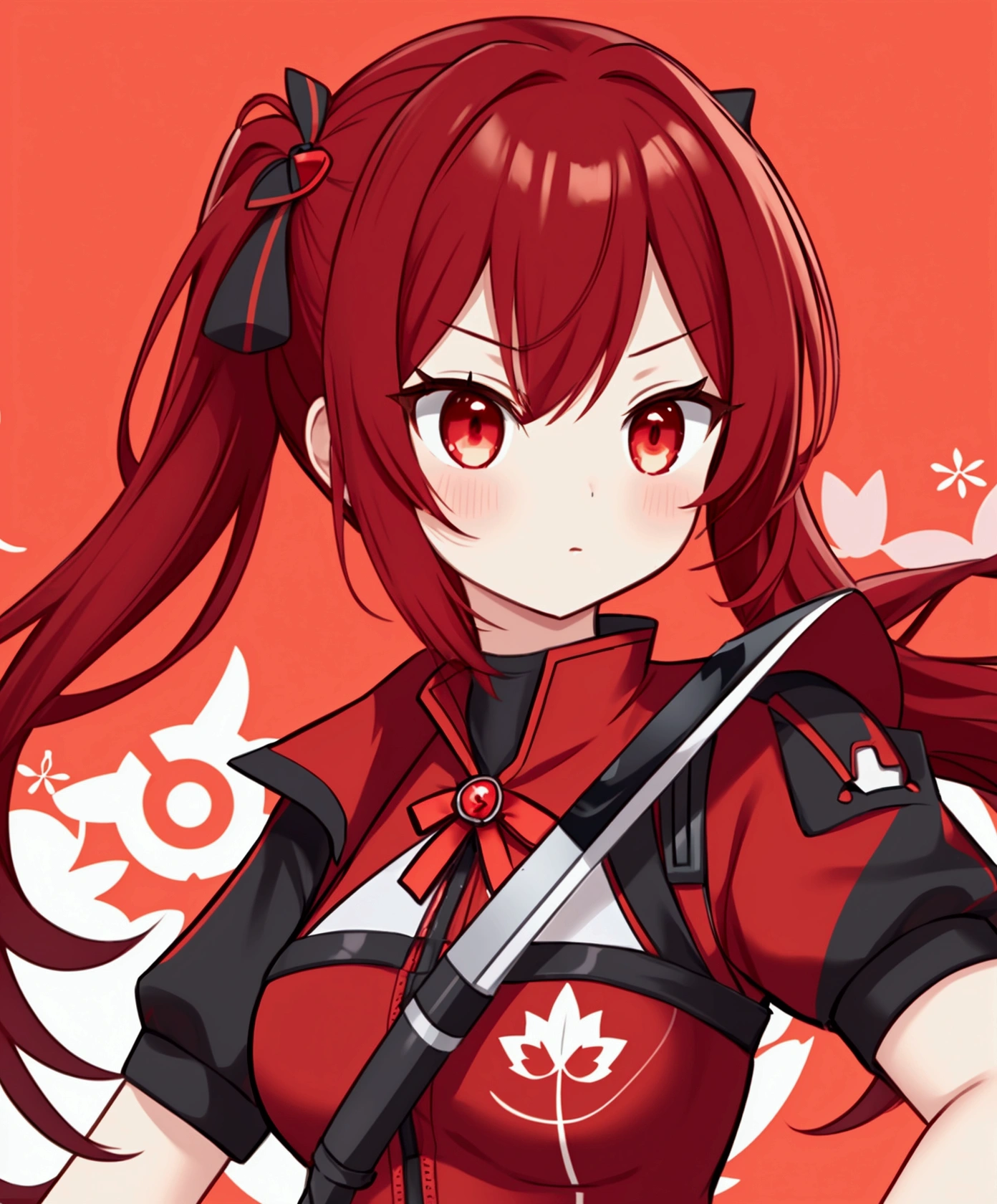 a close up of a person in a red and black outfit, female protagonist 👀 :8, nanogirl, female protagonist, maple story gun girl, android heroine, anime fencer, cushart kenz, crimson themed, katana zero video game character, character art of maple story, anya from spy x family, nanogirlv 2, red aura, red uniform