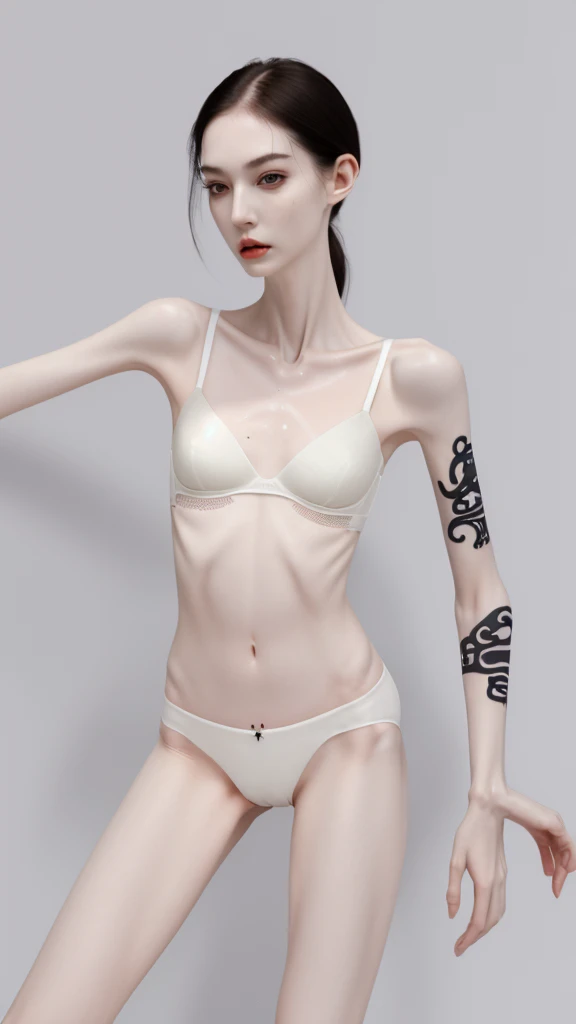 a woman, very thin body, body visible bones, very slender , sweaty weat body, pale white skin, panties, bra,tatto, full body 