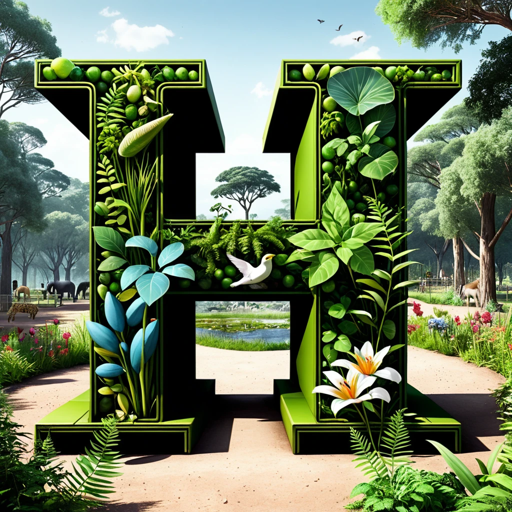 A large letter "H" in the style of a wildlife park with natural plants and animals, the letter H in the form of a three-dimensional still life in the style of digital painting with elements of step-by-step image creation indicating a digital grid. clear, similar, full digitization, 32k, A large letter (H):1.5 