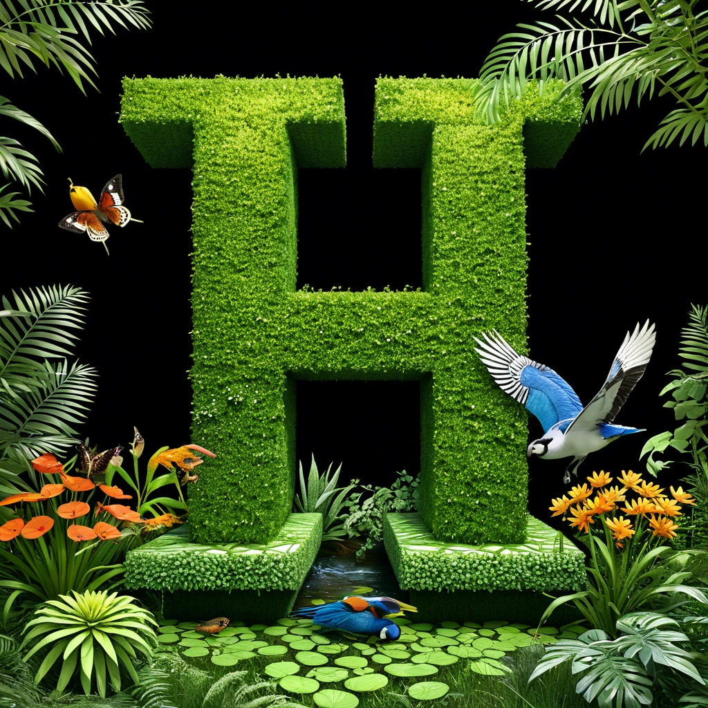 A large letter "H" in the style of a wildlife park with natural plants and animals, the letter H in the form of a three-dimensional still life in the style of digital painting with elements of step-by-step image creation indicating a digital grid. clear, similar, full digitization, 32k, A large letter (H):1.5 