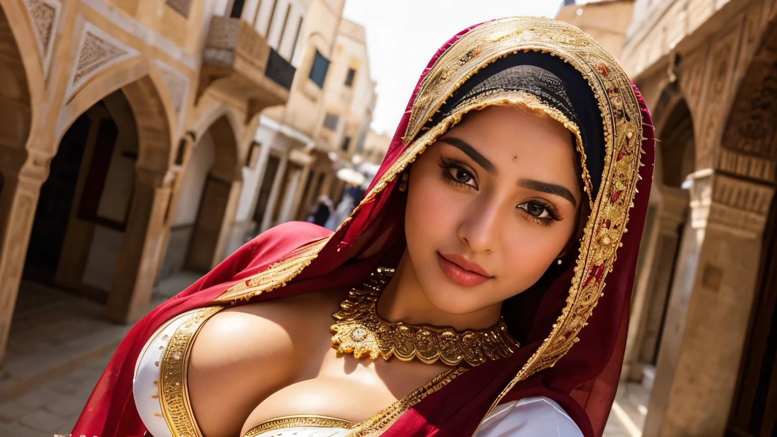 Instagram Arabian models pose in Fes, in traditional clothes, full entire body, beautiful detailed eyes, beautifully detailed lips, big breasts with bra and hijab, extremely detailed eyes and face, short, nice rosa Haar ((best qulaity)), ((masterpiece)), (detailled), perfect face, full entire body, ahegao