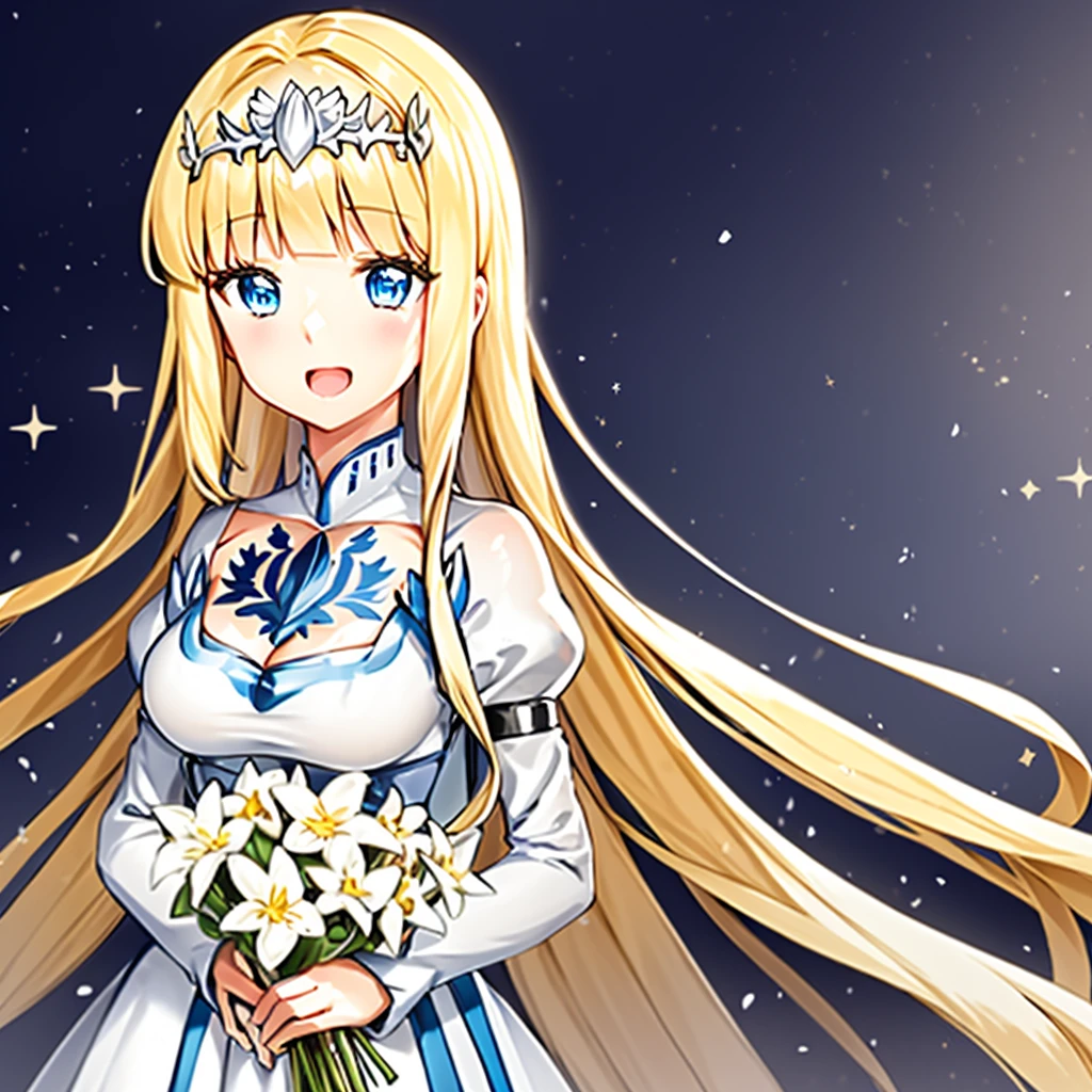 , soft smile, open mouth, holding bouquet, colorful flowers, random flowers, light particles, sparkling eyes, portrait, looking at viewer, from front, , 1girl,solo, calca, blonde hair, ,( extremely long hair:1.2), very long hair, extra long hair, white tiara, white dress, blue eyes,Calca Bessarez, medium breast,Calca,