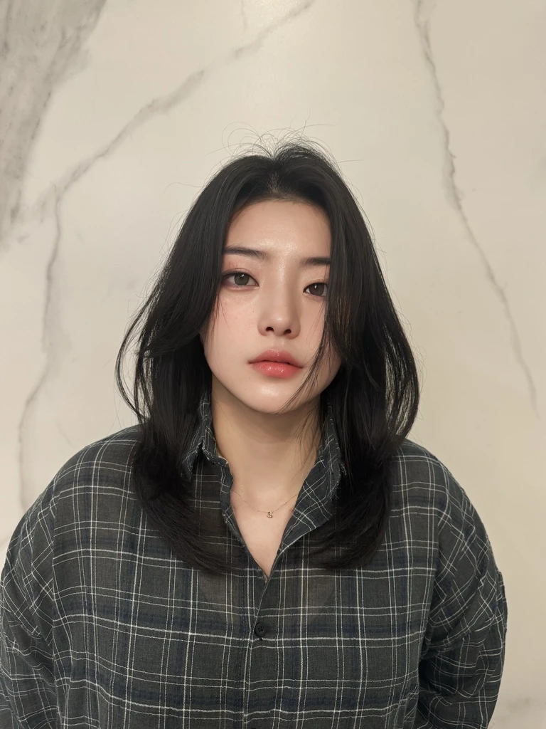 Best Quality, 8k, Masterpiece, (Portrait: 1.3), (photo realistic:1.4), (hyper realistic:1.4), Sharp Focus, looking at viewer, (smoother lighting:1.1), (increase cinematic lighting quality:0.9), realistic lighting, backlighting, light on face, ray trace, (brightening light:1.2), (Increase quality:1.4), sharp detail, (best quality real texture skin:1.4), finely detailed eyes, black_eyes, finely detailed face, 25 year old Korean woman, (white formal_shirt:1.4), (Create an image maintaining the original base model hairstyle:1.5)