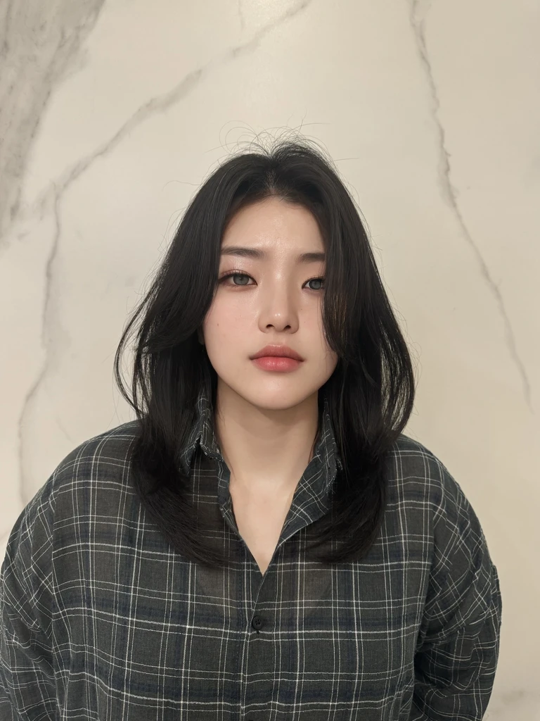 Best Quality, 8k, Masterpiece, (Portrait: 1.3), (photo realistic:1.4), (hyper realistic:1.4), Sharp Focus, looking at viewer, (smoother lighting:1.1), (increase cinematic lighting quality:0.9), realistic lighting, backlighting, light on face, ray trace, (brightening light:1.2), (Increase quality:1.4), sharp detail, (best quality real texture skin:1.4), finely detailed eyes, black_eyes, finely detailed face, 25 year old Korean woman, (white formal_shirt:1.4), (Create an image maintaining the original base model hairstyle:1.5)