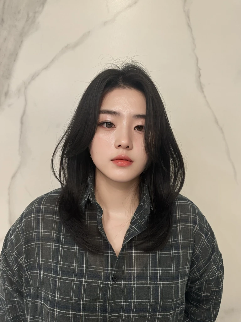 Best Quality, 8k, Masterpiece, (Portrait: 1.3), (photo realistic:1.4), (hyper realistic:1.4), Sharp Focus, looking at viewer, (smoother lighting:1.1), (increase cinematic lighting quality:0.9), realistic lighting, backlighting, light on face, ray trace, (brightening light:1.2), (Increase quality:1.4), sharp detail, (best quality real texture skin:1.4), finely detailed eyes, black_eyes, finely detailed face, 25 year old Korean woman, (white formal_shirt:1.4), (Create an image maintaining the original base model hairstyle:1.5)