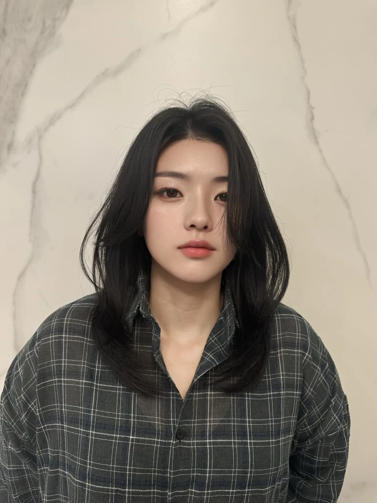 Best Quality, 8k, Masterpiece, (Portrait: 1.3), (photo realistic:1.4), (hyper realistic:1.4), Sharp Focus, looking at viewer, (smoother lighting:1.1), (increase cinematic lighting quality:0.9), realistic lighting, backlighting, light on face, ray trace, (brightening light:1.2), (Increase quality:1.4), sharp detail, (best quality real texture skin:1.4), finely detailed eyes, black_eyes, finely detailed face, 25 year old Korean woman, (white formal_shirt:1.4), (Create an image maintaining the original base model hairstyle:1.5)