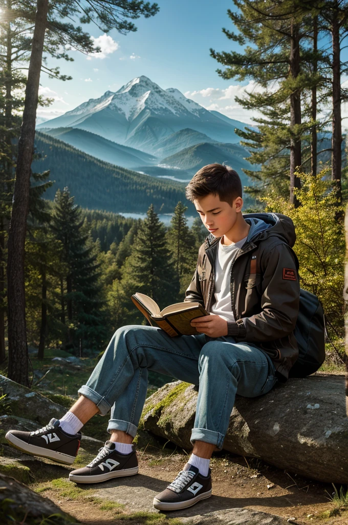 A boy, with jacket and shoes,Alone,mountain Forrest, reading book, novell, morning, sunshine, cartoonmodel, HD,