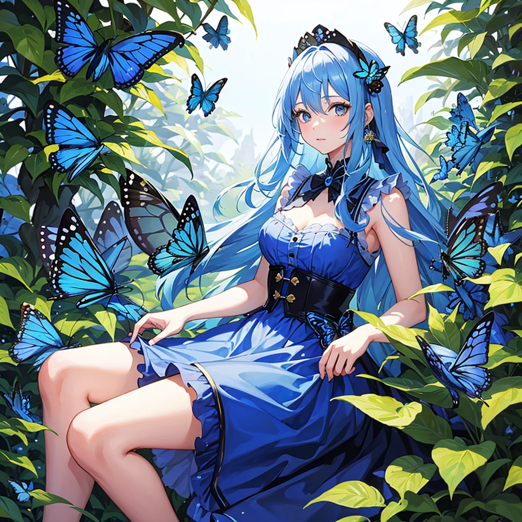 Girl surrounded by blue monarch butterflies. Detailed. 