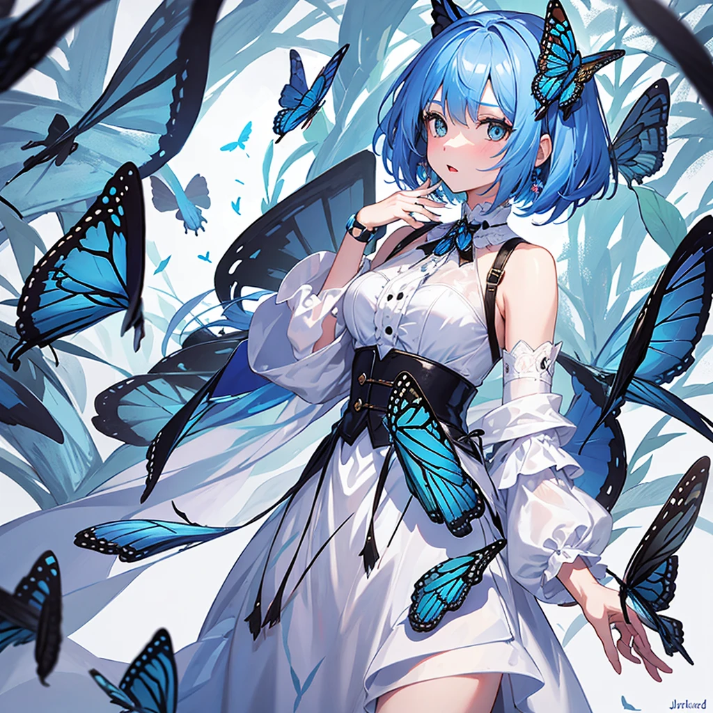 Girl surrounded by blue monarch butterflies. Detailed.