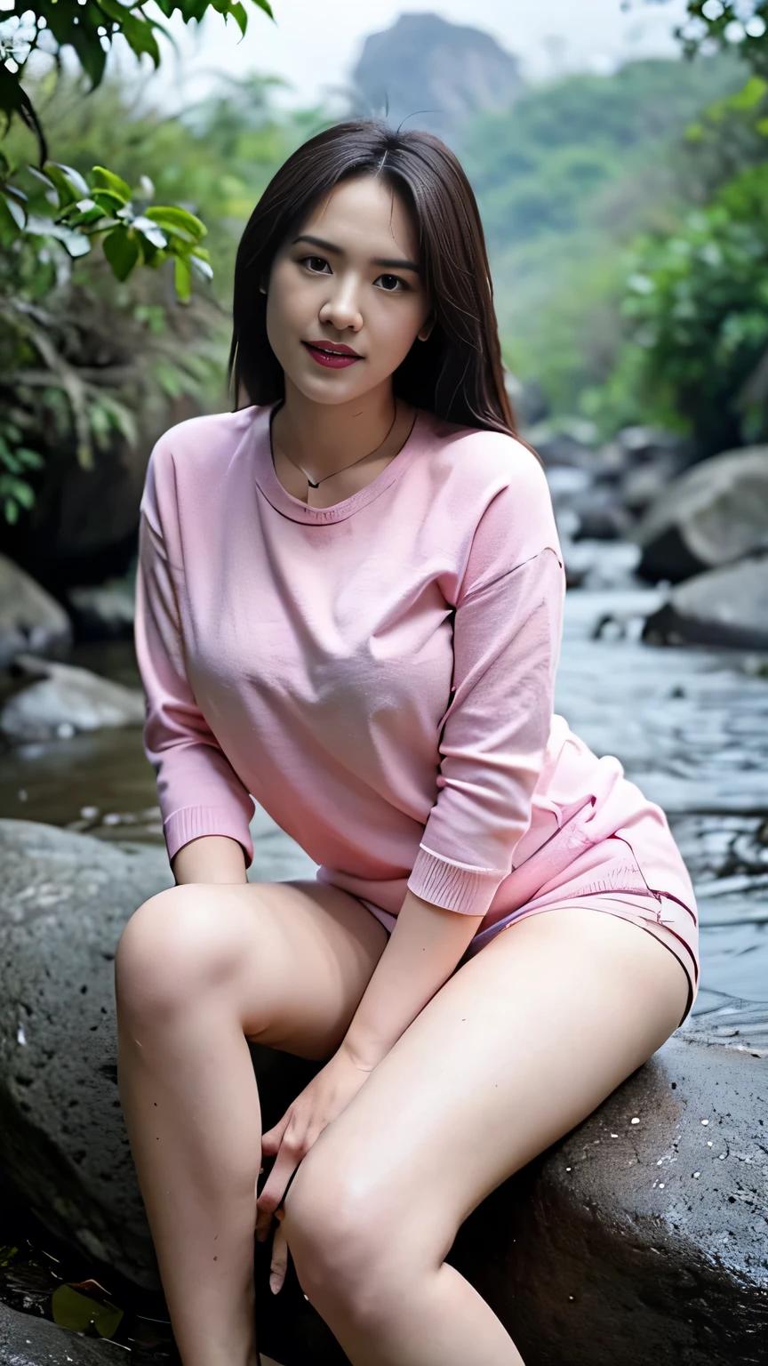 RAW, Best quality, high resolution, masterpiece: 1.3), Beautiful young java woman (iu: 0.8), Best quality, high resolution, Masterpiece: 1.3, Masterpiece, naked, porn, open legs, showing vagina ((At the rock river jungle)), night, fog, pastel hiking clothes, pullover, orgasm, highres, 4k, HDR, 1girl, photorealistic, realistic, big breasts, ((whole body)) turning away facial at viewer, closeup, heavy mountains, misty, fog