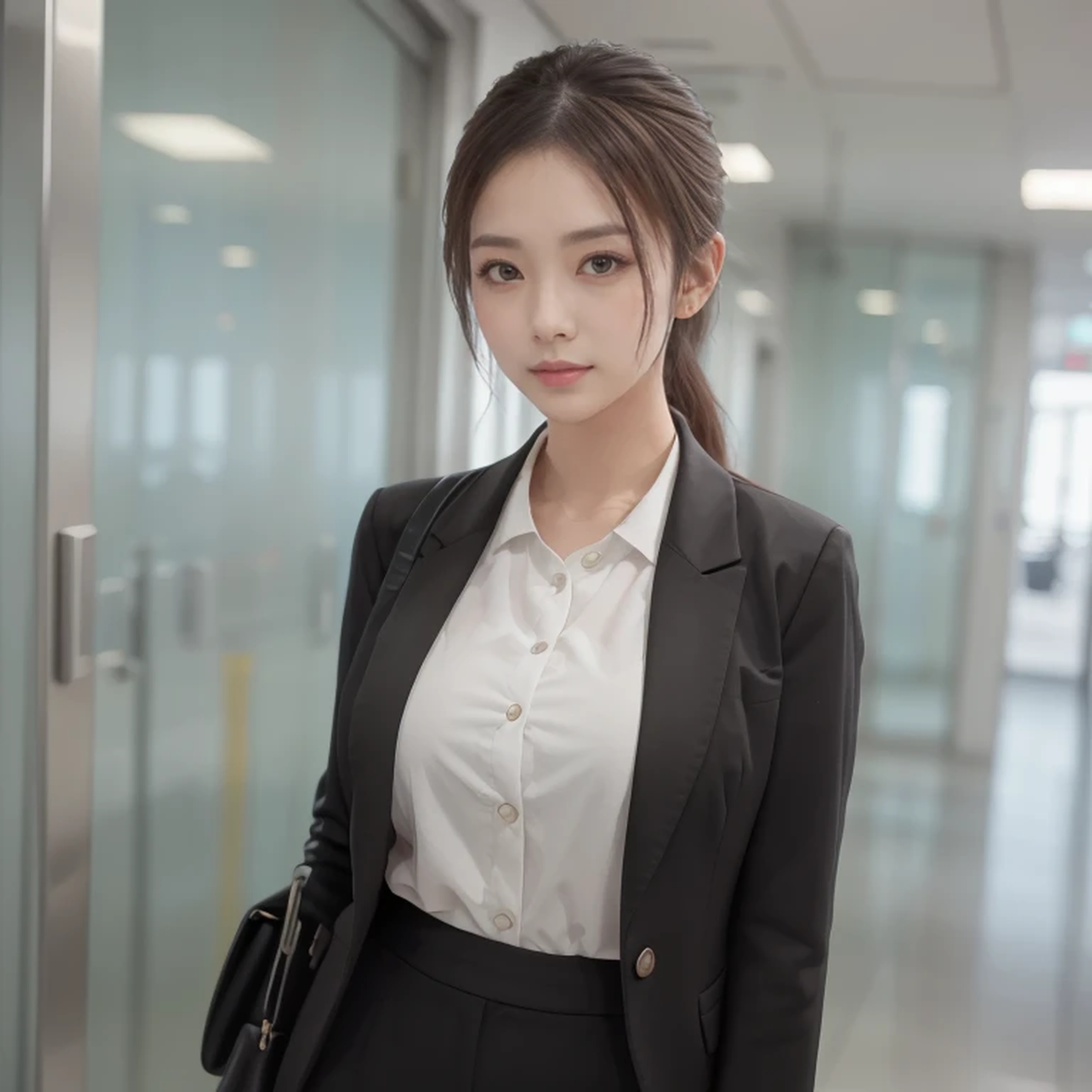 最high quality, masterpiece, 1 Girl, Beautiful Face, (Photorealistic Photography:1.3), Rim Light, (Skin with attention to detail:1.2), 8K Ultra HD, Digital SLR, high quality, High resolution, 4K, 8K, Bokeh, (Genuine: 1.3), Small face, pretty girl, Black Formal Blazer, Mid-breasted, Short skirt,office,(((canteen)))