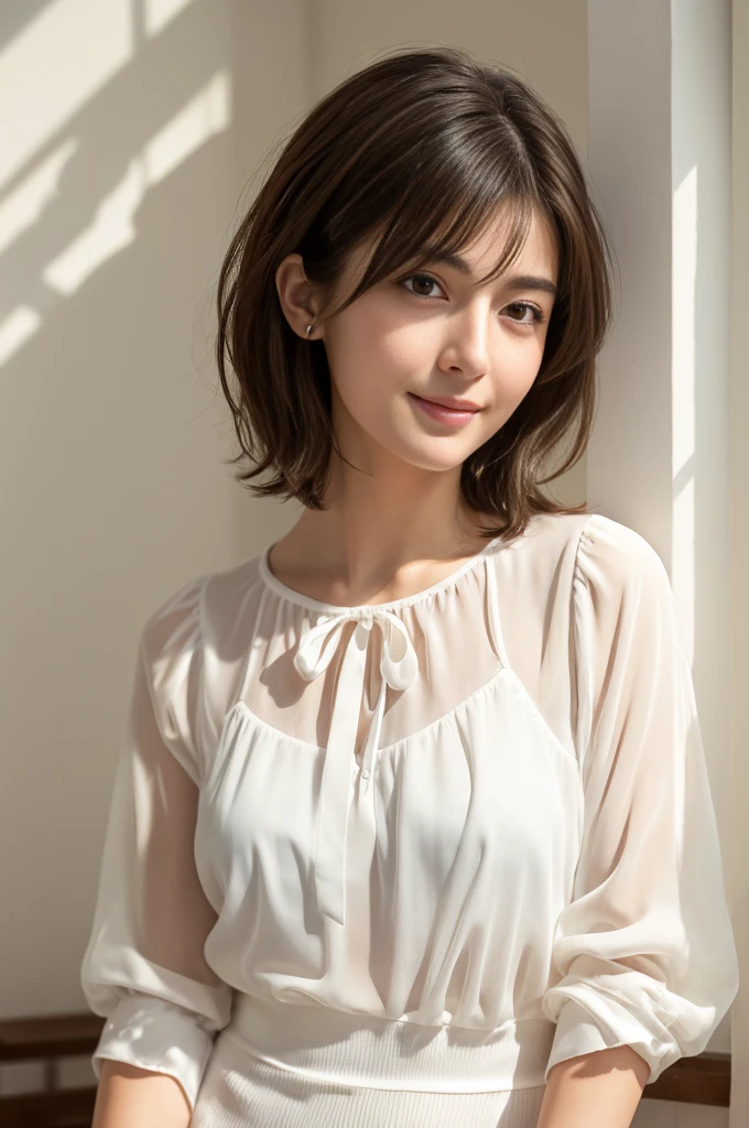 (RAW Photos), (Realistic), (masterpiece), (Highest quality), High resolution, 8K Oversized, (The finer details), (Volumetric Light), Upper Body, woman, 20-year-old, short hair, Straight hair, Layered Hair, Brown Hair, Beautiful Eyes, By source, Thin eyebrows, Fine skin, Fine mouth, A beautiful nose like an idol, Smile, (Sexy lips), (View your viewers), (Elegant white transparent blouse)
