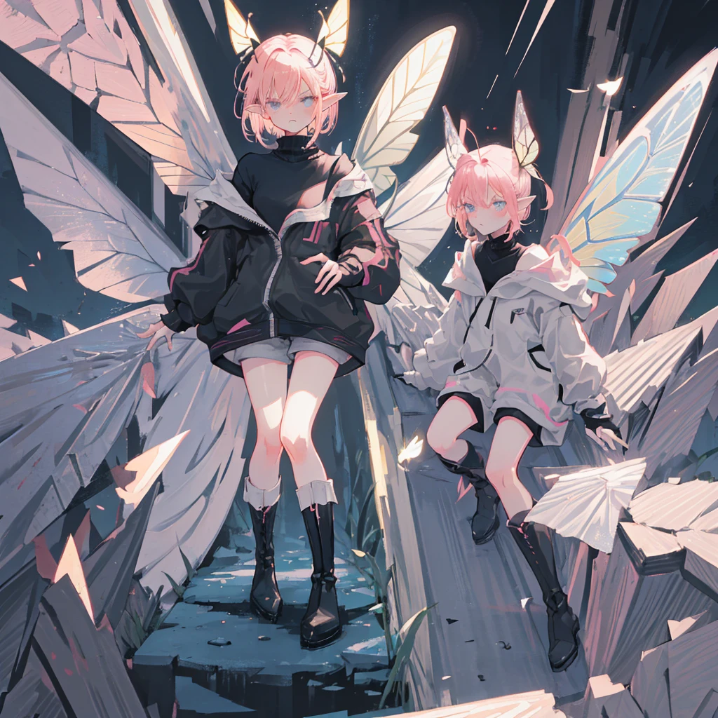 ((high definition)), (from the waist up), tiny pixie, short hair, dim pink hair color, big eyes, grey irises, ((very pointy ears)), (butterfly wings), (butterfly antennae), black turtleneck with shoulder cut-outs, grey shorts, knee-high brown boots, ((grumpy expression))