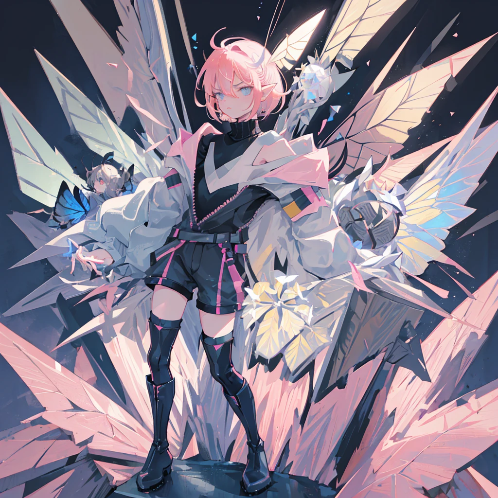 ((high definition)), (from the waist up), tiny pixie, short hair, dim pink hair color, big eyes, grey irises, ((very pointy ears)), (butterfly wings), (butterfly antennae), black turtleneck with shoulder cut-outs, grey shorts, knee-high brown boots, ((grumpy expression))
