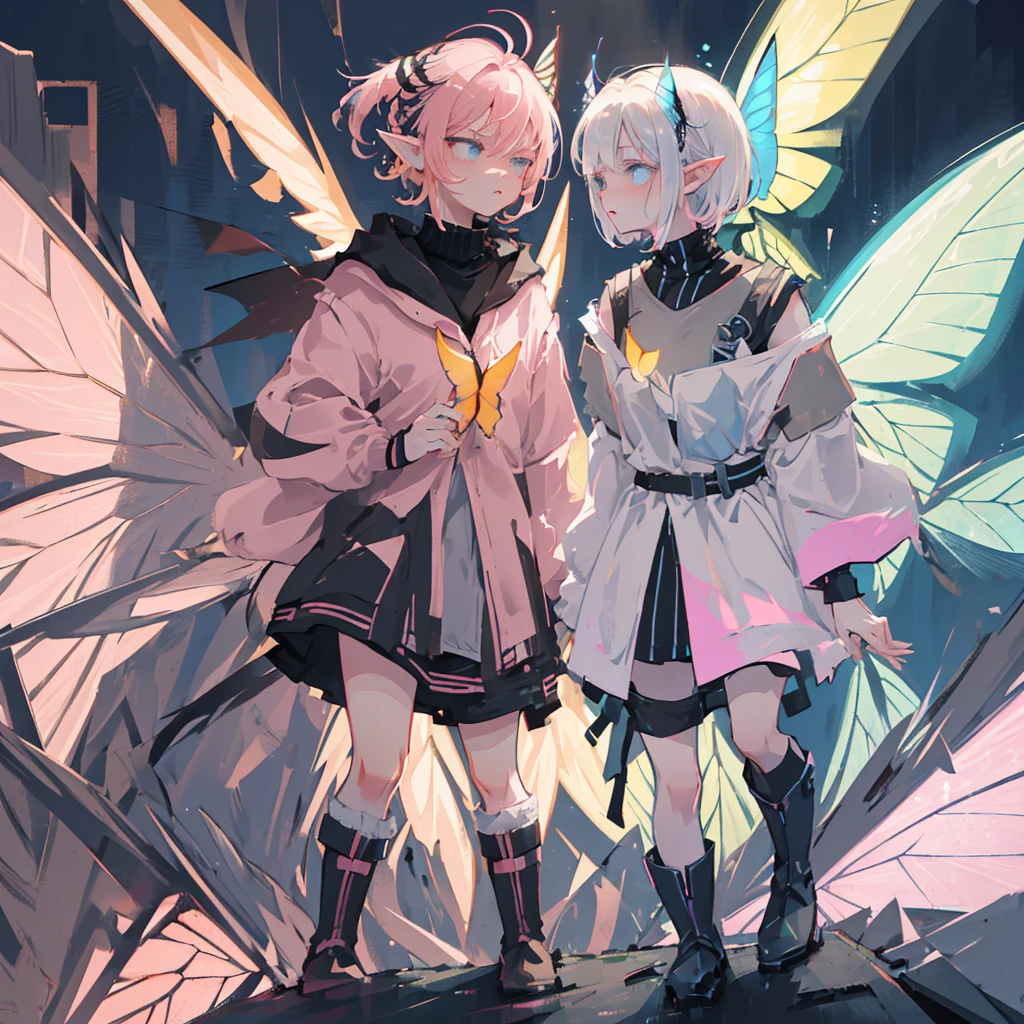 ((high definition)), (from the waist up), tiny pixie, short hair, dim pink hair color, big eyes, grey irises, ((very pointy ears)), (butterfly wings), (butterfly antennae), black turtleneck with shoulder cut-outs, grey shorts, knee-high brown boots, ((grumpy expression))