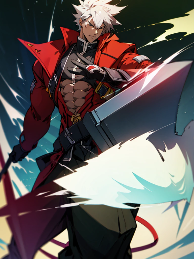 (masterpiece, best quality:1.2), 1boy, solo, bara, penis, muscular, erection, biceps, fullbody, large pectorals, big muscles, thick, ragna the bloodedge, red eyes, green eyes, heterochromia, white hair, short hair, spiked hair, 1boy, red jacket, open jacket, black shirt, belt, black gloves, black hakama, 4k, unzipped pants, penis out of pants