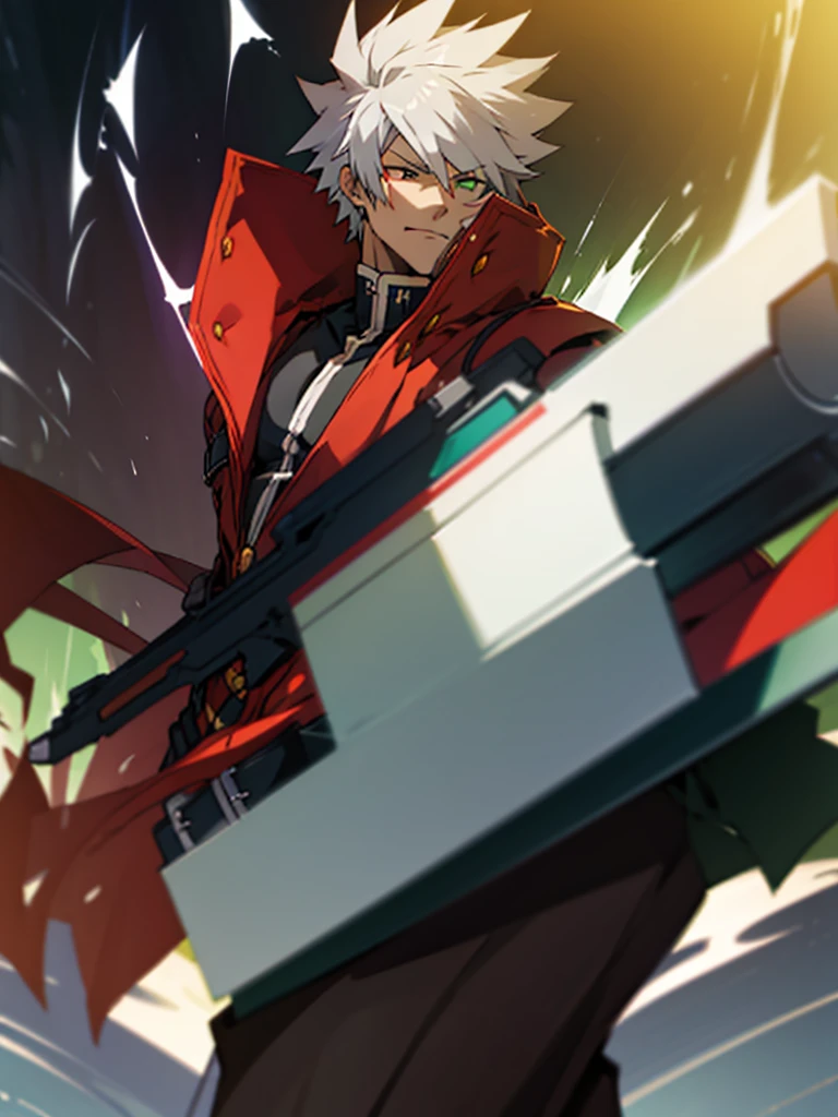 (masterpiece, best quality:1.2), 1boy, solo, bara, penis, muscular, erection, biceps, fullbody, large pectorals, big muscles, thick, ragna the bloodedge, red eyes, green eyes, heterochromia, white hair, short hair, spiked hair, 1boy, red jacket, open jacket, black shirt, belt, black gloves, black hakama, 4k, unzipped pants, penis out of pants