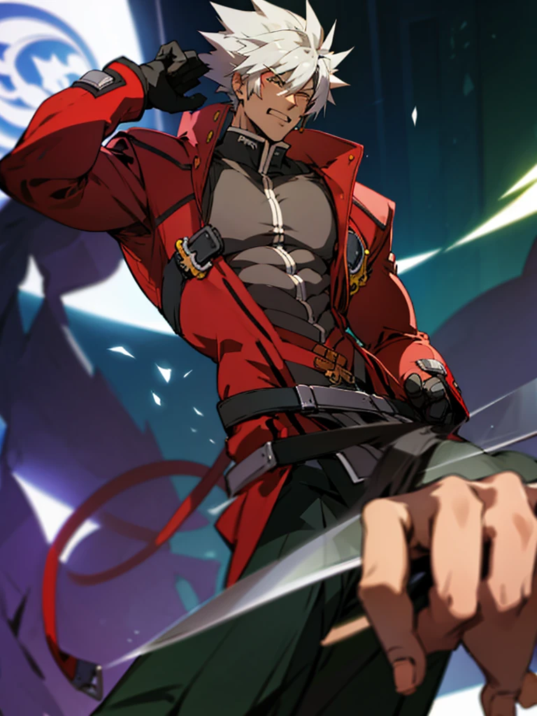 (masterpiece, best quality:1.2), 1boy, solo, bara, penis, muscular, erection, biceps, fullbody, large pectorals, big muscles, thick, ragna the bloodedge, red eyes, green eyes, heterochromia, white hair, short hair, spiked hair, 1boy, red jacket, open jacket, black shirt, belt, black gloves, black hakama, 4k, unzipped pants, penis out of pants