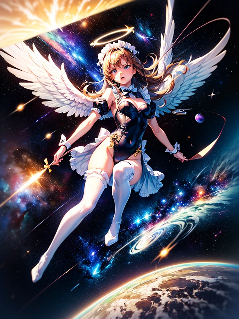 Highest quality,Highest Resolution,Beautiful girl with angry face in maid leotard,Frills,High leg,(((Floating in the air))),Halo,(((universe space))),Milky Way,meteor,Very beautiful eyes,(((White angel wings on the back))),whole body,long hair,(((Shoot a bow))),Knee-high stockings,Floating in the air,