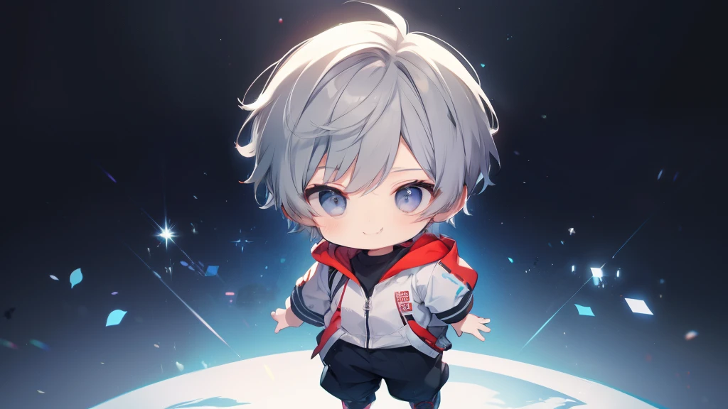 One 、Primary school students、Highest quality, Tabletop, Beautiful Face、hoodie、Long trousers、Gray Hair、short hair、whole body、smile、smile,