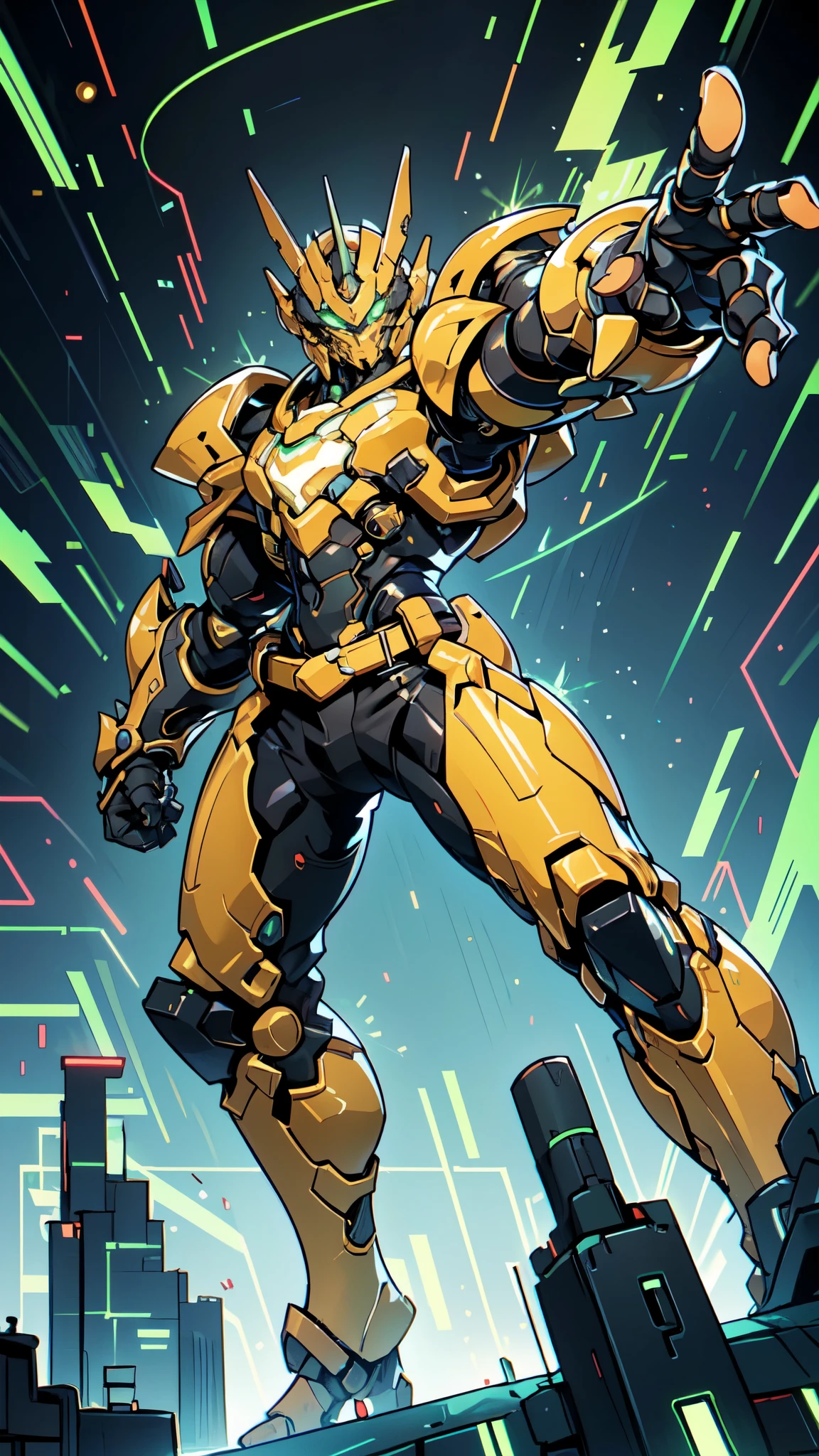 (masterpiece:1.5, best quality:1.5, extremely delicate:1.5, foreshortening:1.5, dynamic angle:1.5), a man wearing a full-face helmet, a fantasy-style biotech armored combat suit, green eyes, (a composite layered chest armor), fully enclosed shoulder guards, matching arm and leg guards, the belt is adorned with neon circuitry, (the color scheme is primarily black with green white accents), the design balances heavy with agility, a high-tech bio-mecha armor, (Armor Concept Inspired by neon Cyberpunk, stand on the top of a skyscraper in a futuristic sci-fi city), this character embodies a finely crafted fantasy-surreal style armored hero in anime style, exquisite and mature manga art style, (element, plasma, energy, the armor glows), ((male:1.5)), metallic, high definition, highres, ultra-detailed, ultra-fine painting, professional, perfect body proportions, golden ratio, anatomically correct, symmetrical face, extremely detailed eyes and face, high quality eyes, creativity, RAW photo, UHD, 32k, Natural light, cinematic lighting, masterpiece-anatomy-perfect