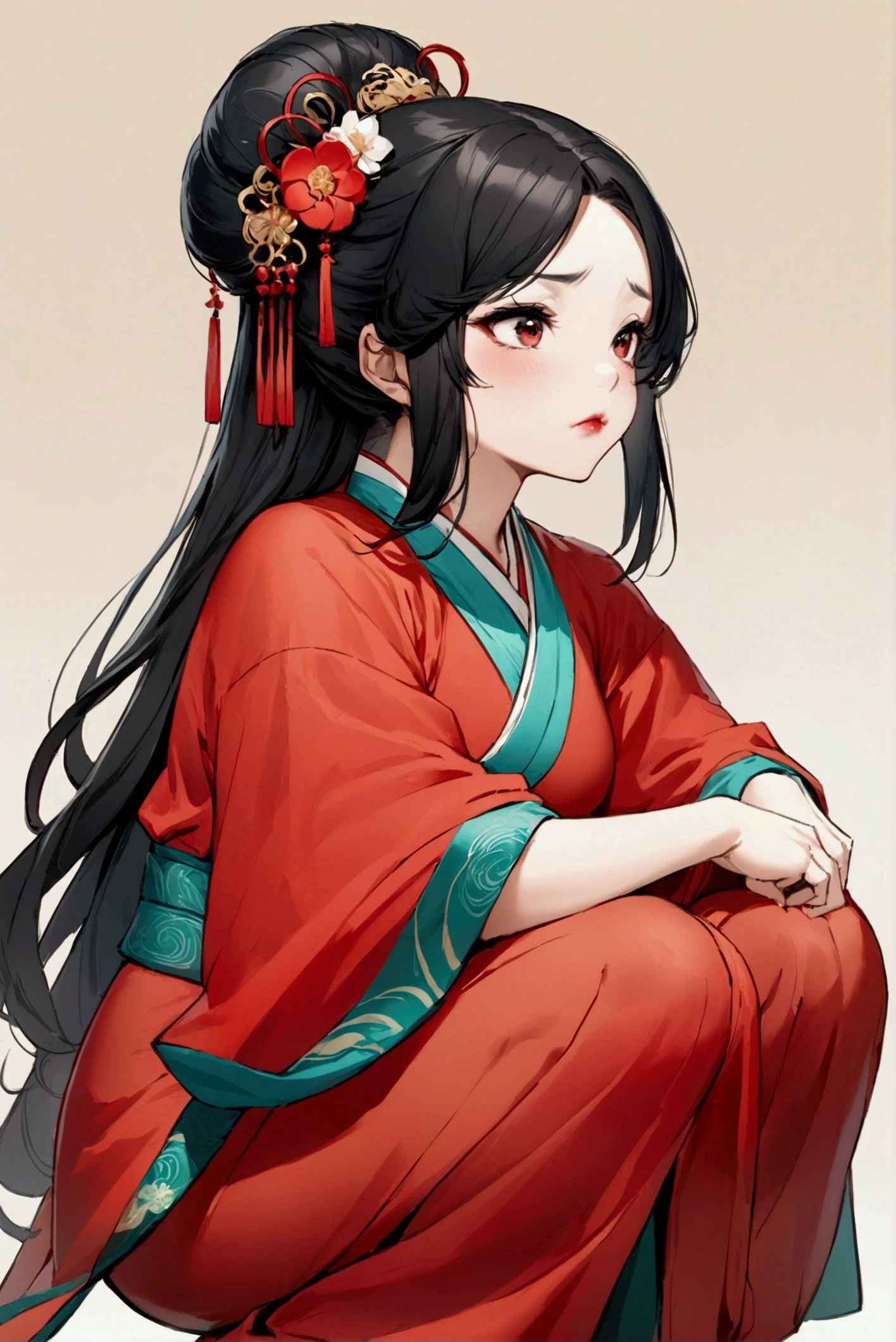 A Tang Dynasty girl,wearing a red Hanfu,Chinese traditional clothing,Big fat round face,Tang Dynasty hair style,Black hair,Q version,Pouting,Red lips,Short stature,Elegant posture,Squatting in a daze,Look to the right,Side view,More lovely,Chinese style,8K,high resolution,High Detail,