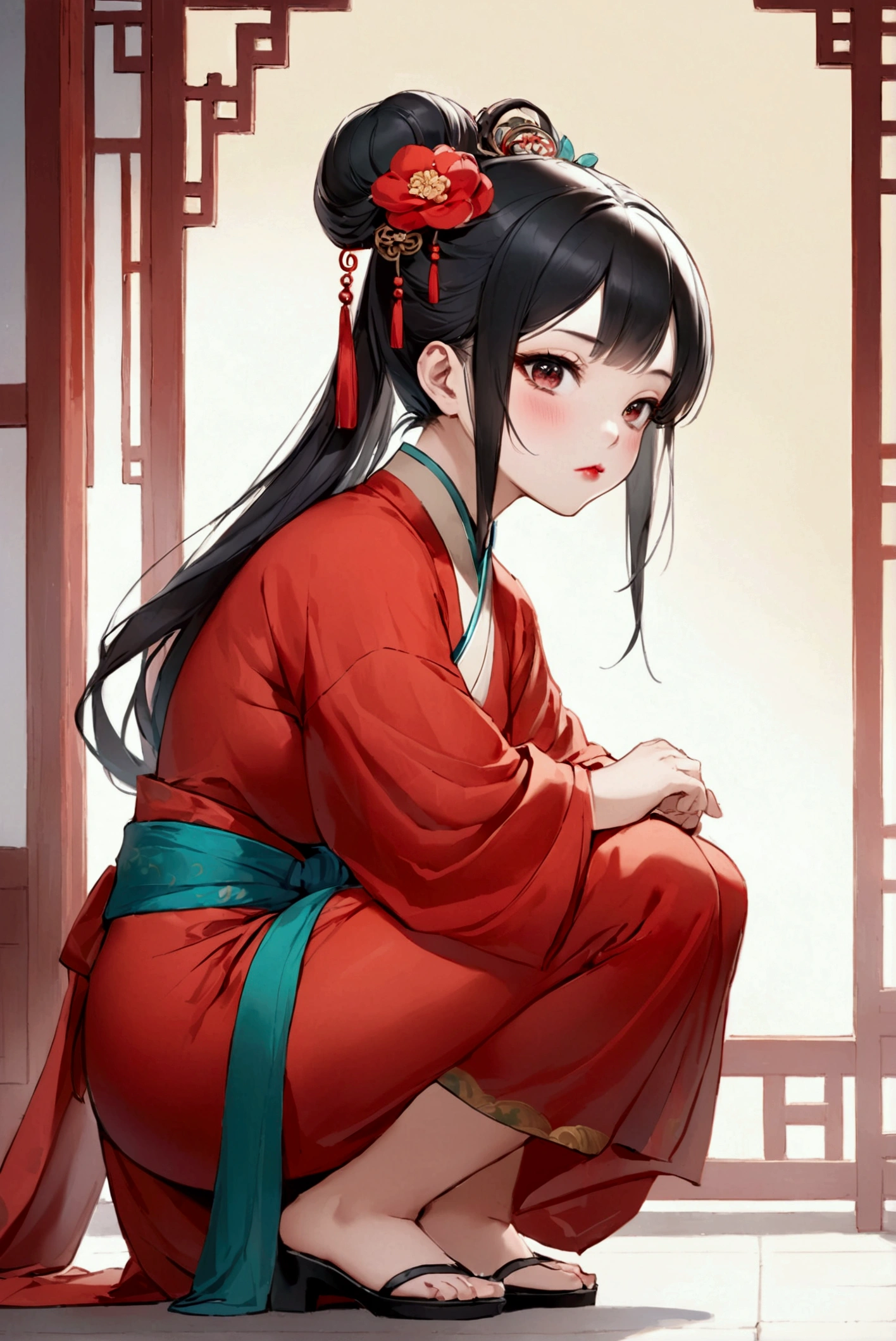 A Tang Dynasty girl,wearing a red Hanfu,Chinese traditional clothing,Big fat round face,Tang Dynasty hair style,Black hair,Q version,Pouting,Red lips,Short stature,Elegant posture,Squatting in a daze,Look to the right,Side view,More lovely,Chinese style,8K,high resolution,High Detail,