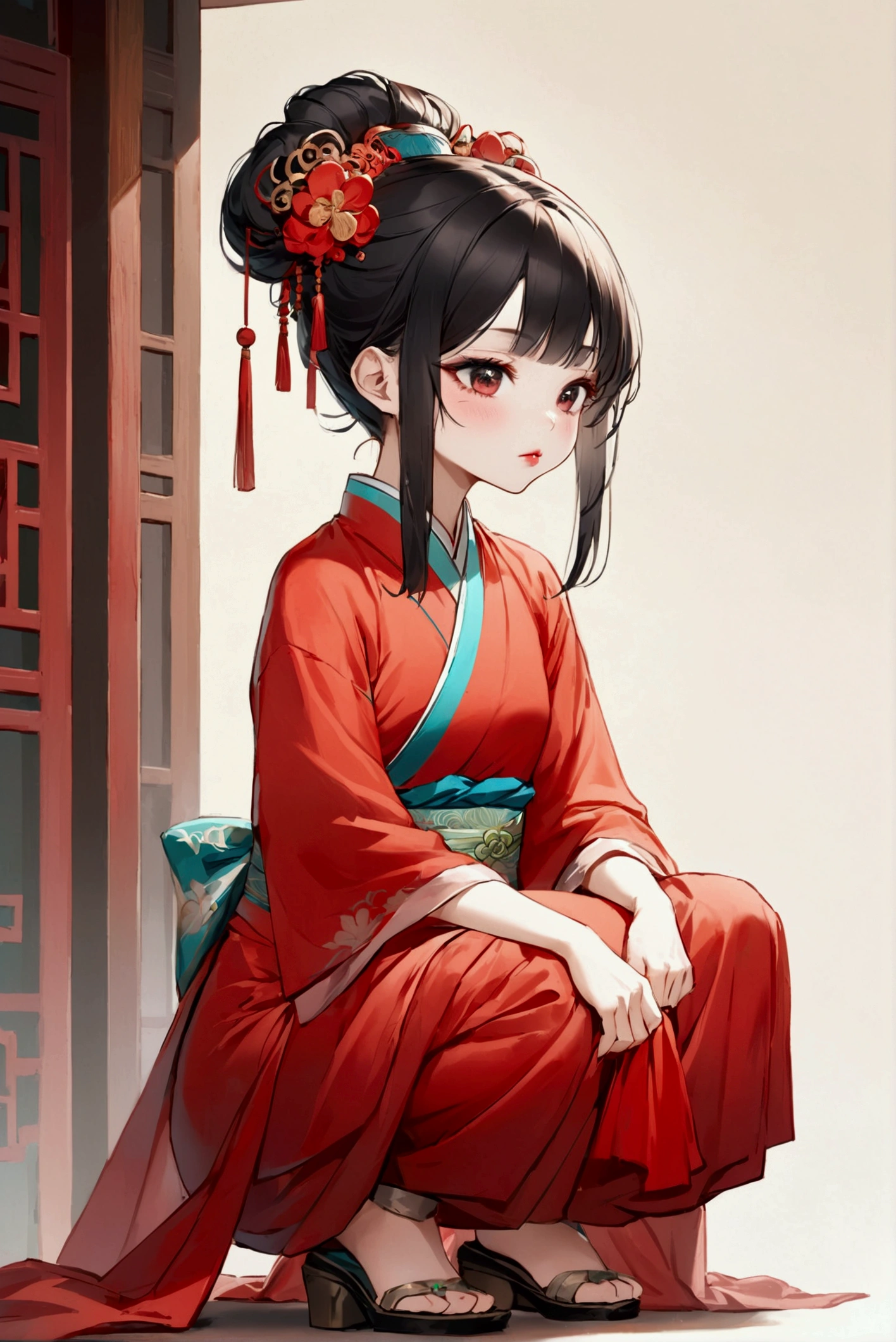 A Tang Dynasty girl，wearing a red Hanfu，Chinese traditional clothing，Big fat round face，Tang Dynasty hair style，Black hair，Q version，Pouting，Red lips，Short stature，Elegant posture，Squatting in a daze，Look to the right，Side view，More lovely，Chinese style，8K，high resolution，High Detail,