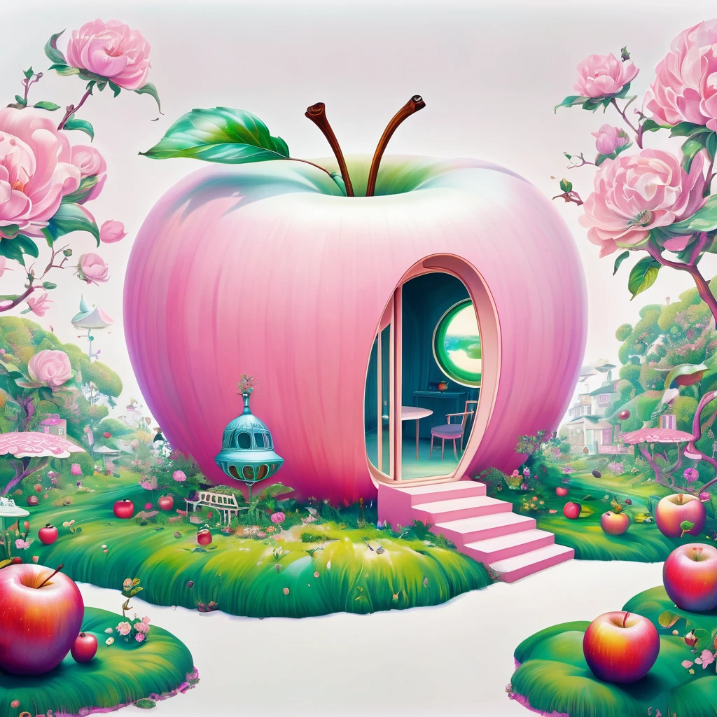 (masterpiece, best quality:1.2), Psychedelic Art,Creative illustration,Apple House,interesting,Pale pink theme,White background