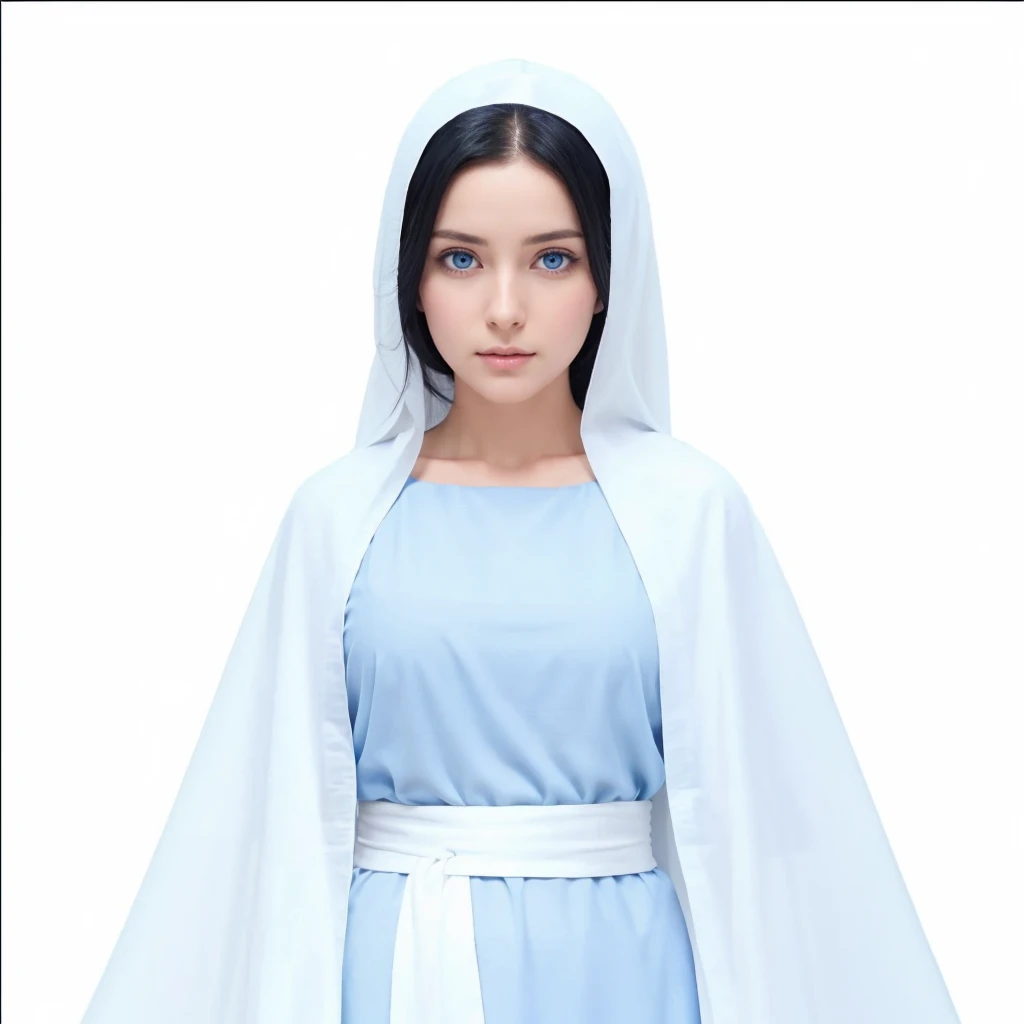 Holy Mary praying, clear blue eyes, Long black hair, wearing a blue tunic with wide, long sleeves adjusted at the waist by a white sash, and a white veil. Perfect full body