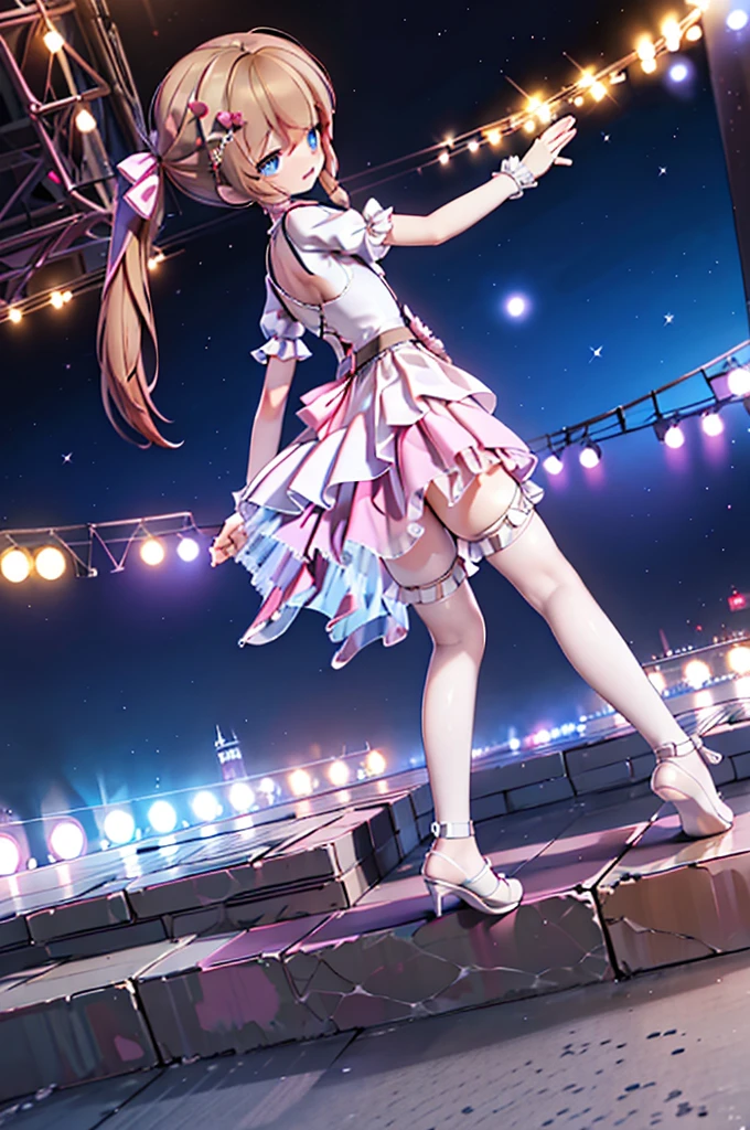 Solo girl, comical, kawaii, Blue eyes, light brown hair, back high twintails, front braids, princess dress, open mouth smile, ((from back)), dance at the stage, neon and led lights, posing, flying kiss, high resolution image, masterpiece, high quality, attractive eyes, (((dutch angle, full body)))