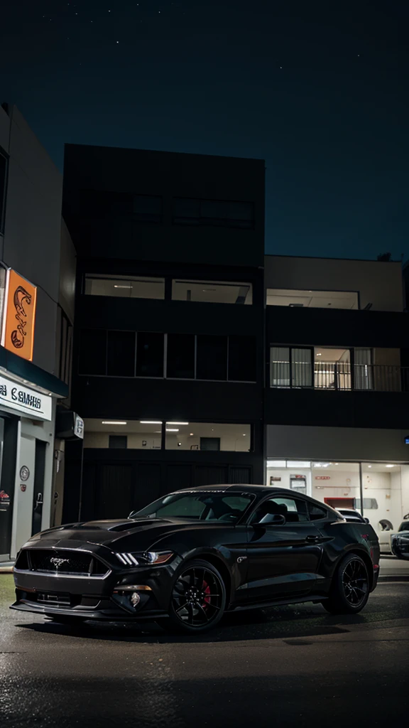 Un Ford Mustang GT color negro, in the city at night, posing on the side. black color