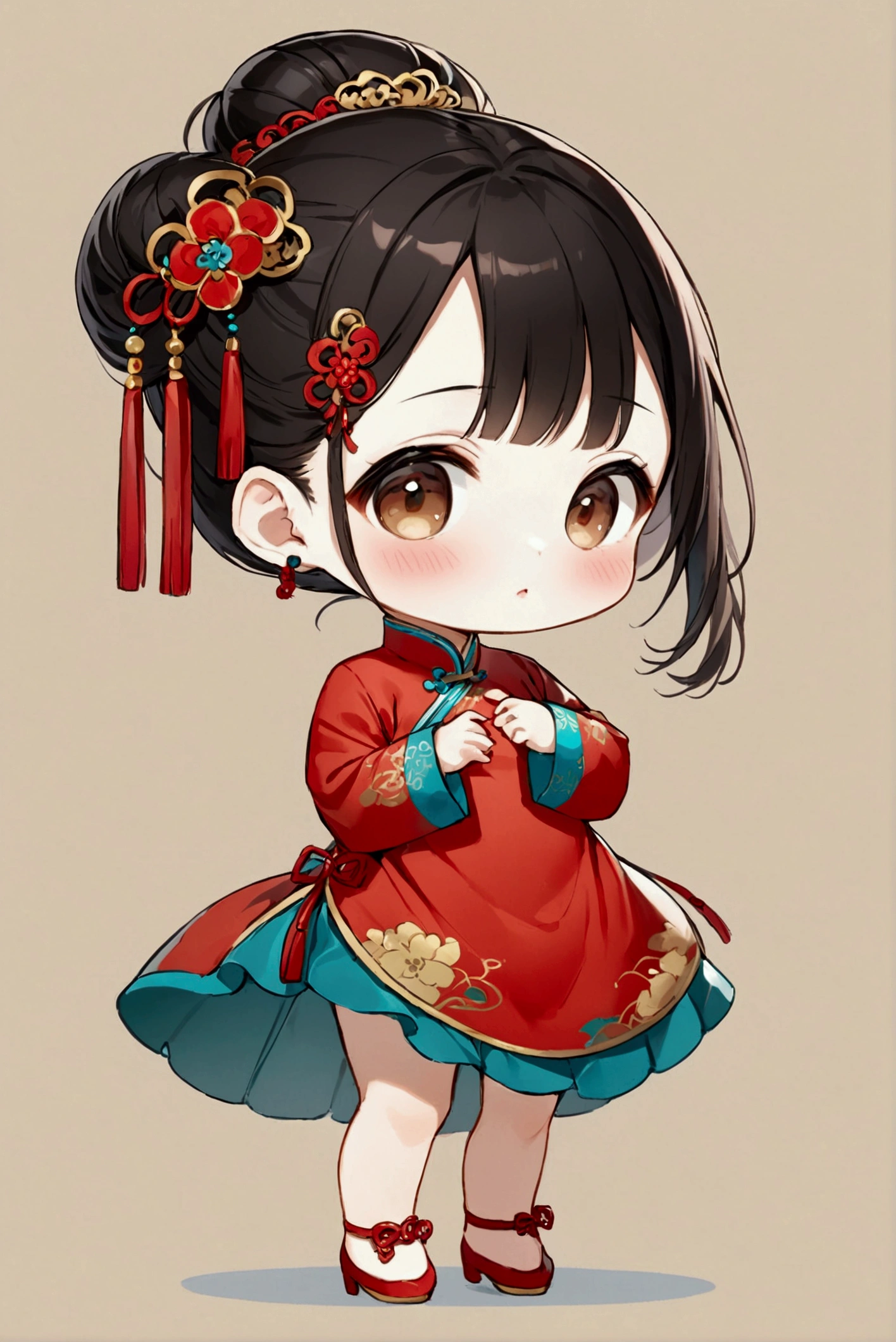 1girl, solo, blush, black hair, hair ornament, long sleeves, dress, ribbon, brown eyes, jewelry, full body, hair bun, chibi, makeup, chinese clothes, red dress, child, female child, updo