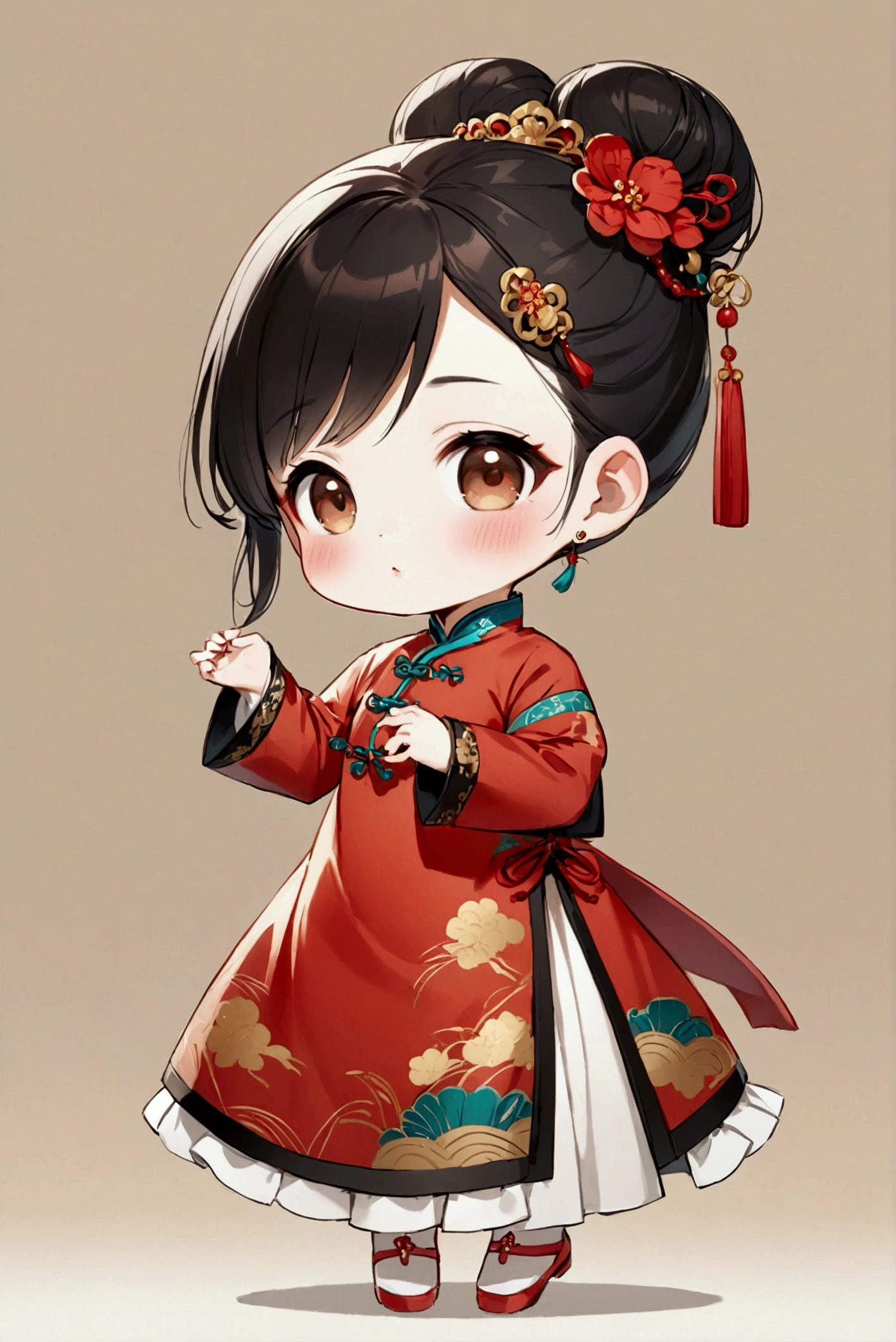 1girl, solo, blush, black hair, hair ornament, long sleeves, dress, ribbon, brown eyes, jewelry, full body, hair bun, chibi, makeup, chinese clothes, red dress, child, female child, updo