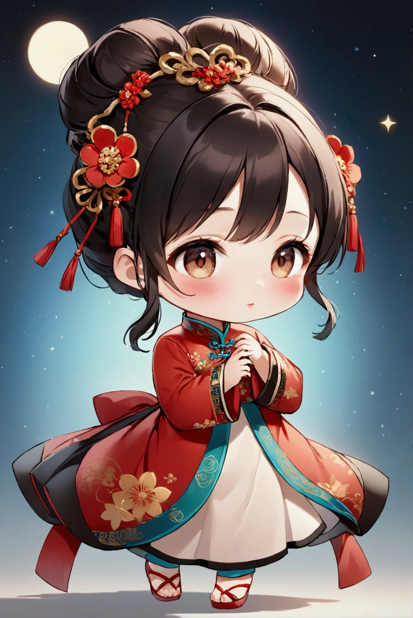 1girl, solo, blush, black hair, hair ornament, long sleeves, dress, ribbon, brown eyes, jewelry, full body, hair bun, chibi, makeup, chinese clothes, red dress, child, female child, updo