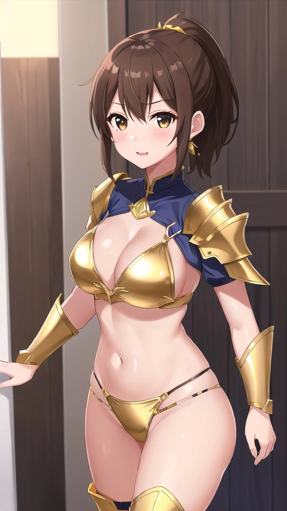 (1 Girl,Solo) ,Fantasy, High resolution, 19 Private, original, (Waist sheath:1.3), , Short Hair, Medium bust, Displaying the viewer, Bangs ,Hazel eye detail, , Hands on chest,(Brown hair,Short ponytail hair:1.5), ,Short Hair, Peeing while standing,Straight on, Couple,(Esbian all over:1.1), White thighs,(Couple:1.4),,Close-up portrait of a woman in gold armor, Girl in Armor, ビキニアーマーのfemale knight, Gold Bikini Armor,Gold Bikini Armor, Gorgeous Female Paladin, female knight, 美しいfemale knightの, Beautiful Armor, Slender、Gold Bikini Armor, Exposed abdomen, Glamorous Gold Bikini Armor, Stunning Armor, Vertical belly button、Skin radiance、Rough-skinned Esbian,Futomo,Silver Armored Boots,Don