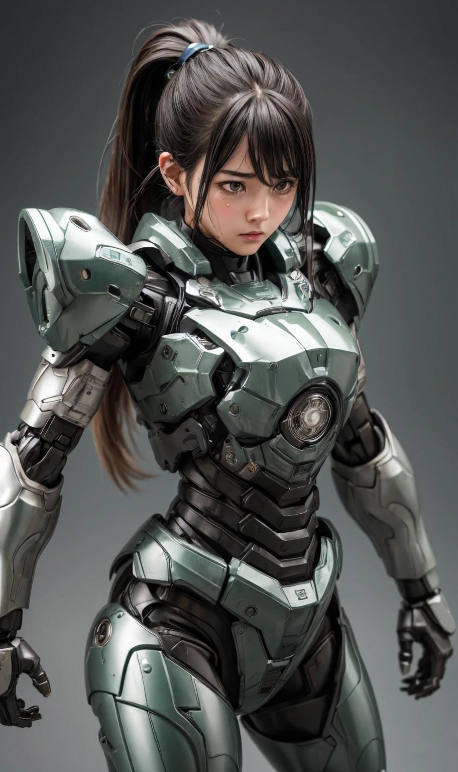Textured skin, Very detailed, Attention to detail, high quality, 最high quality, High resolution, 1080P, hard disk, beautiful,(War Machine),beautifulサイボーグ女性,Dark Green Mecha Cyborg Girl,Fight,Girl with a mechanical body,、Plain junior high school girl ponytail、Sweaty brown eyes、Sweaty face、Expressions of distress Blushing cute Black-haired ((Steam coming from the head)) (Steam coming out of the whole body) Cool pose