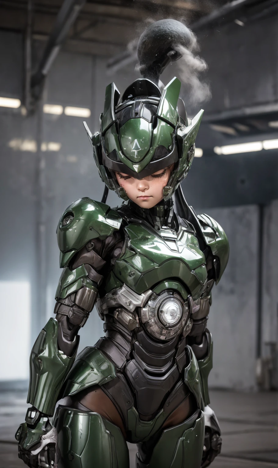 Textured skin, Very detailed, Attention to detail, high quality, 最high quality, High resolution, 1080P, hard disk, beautiful,(War Machine),beautifulサイボーグ女性,Dark Green Mecha Cyborg Girl,Fight,Girl with a mechanical body,、Plain junior high school girl ponytail、Sweaty brown eyes、Sweaty face、Expressions of distress Blushing cute Black-haired ((Steam coming from the head)) (Steam coming out of the whole body) Cool pose