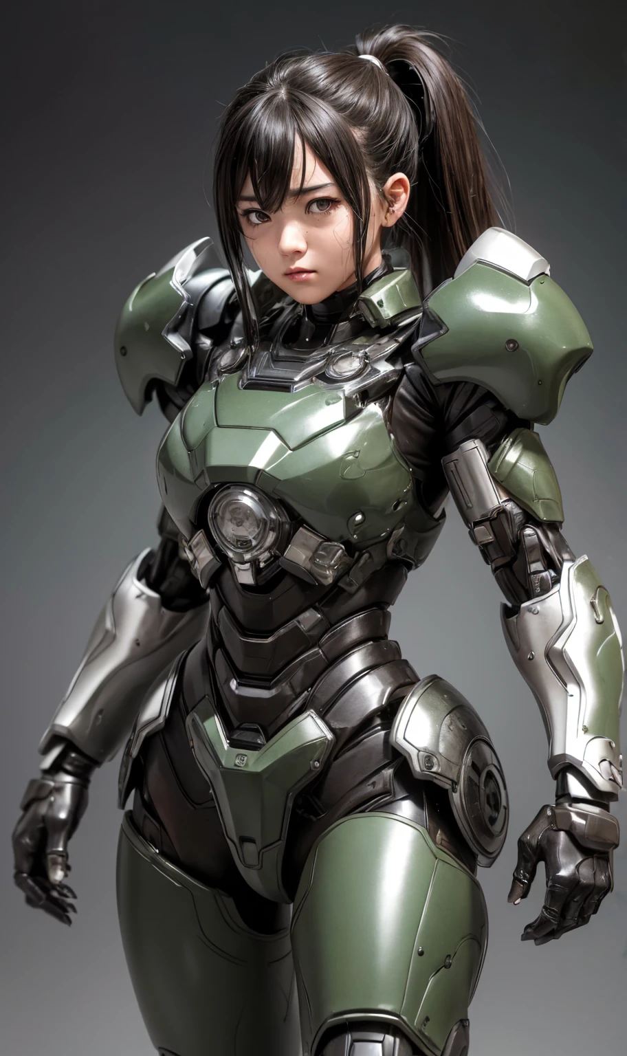 Textured skin, Very detailed, Attention to detail, high quality, 最high quality, High resolution, 1080P, hard disk, beautiful,(War Machine),beautifulサイボーグ女性,Dark Green Mecha Cyborg Girl,Fight,Girl with a mechanical body,、Plain junior high school girl　ponytail、Sweaty brown eyes、Sweaty face、Expressions of distress　Blushing　cute　Black-haired　((Steam coming from the head)) (Steam coming out of the whole body) Cool pose