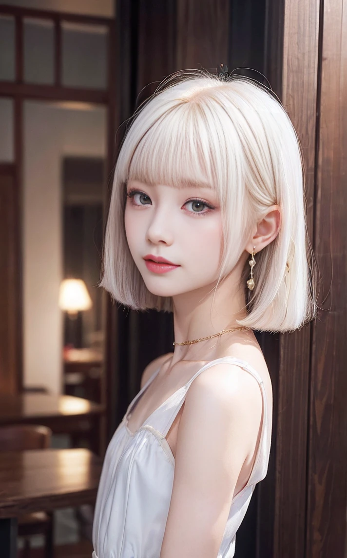 ((masterpiece:1.2、Highest quality、Tmasterpiece))、1 female、alone、classroom、Day、(Korean Idol:1.2)、(Are standing:1.4)、blonde、(Hime Hair:1.4)、Wavy Hair,Beautiful legs、((Princess Dress:1.4))、(Beautiful white skin:1.4)、(Small breasts:1.5)、Hoop Earrings、lipstick、Ring Choker、blush、smile、Covered breasts、(Thick lips:1.2)、Detailed body、Very detailed絵画, Luminism、4K resolution、3D Rendering、Exquisitely crafted , Cinematic、Realistic、Hit definition、Abstract Beauty、Approaching perfection, Pure Form, Golden Ratio、Very detailed, Digital photography, Soft natural light, 50mm lens, F1.8 Vacancies、blush、Small face、(Tight waist:1.3),(albino:1.5),(anorexia:1.3),(Sickly:1.2),(Face close-up:1.4),(Short Bob:1.2),(Cabaret Club:1.2)、smile