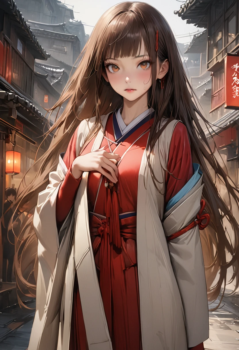(((masterpiece,Highest quality:1.3,best quality illustration))),(realistic),cowboy shot,独奏,1woman,(18-year-old、Japanese Beauty)、brown hair,long hair,bangs,brown eyes,gorgeous eyes,((very small head:1.3)),((very long body:1.2,skinny)),medium breasts,(((Red ribbon tie、White collared shirt、Long sleeve、Navy blue pleated neakers,sweat,gleaming skin,toned body,slender body,(Shooting stance、Shoot a gun),Holding a handgun in your hand、Sneakers、Ruined town、at night、Tokyo、World of Blade Runner、Action Scenes、