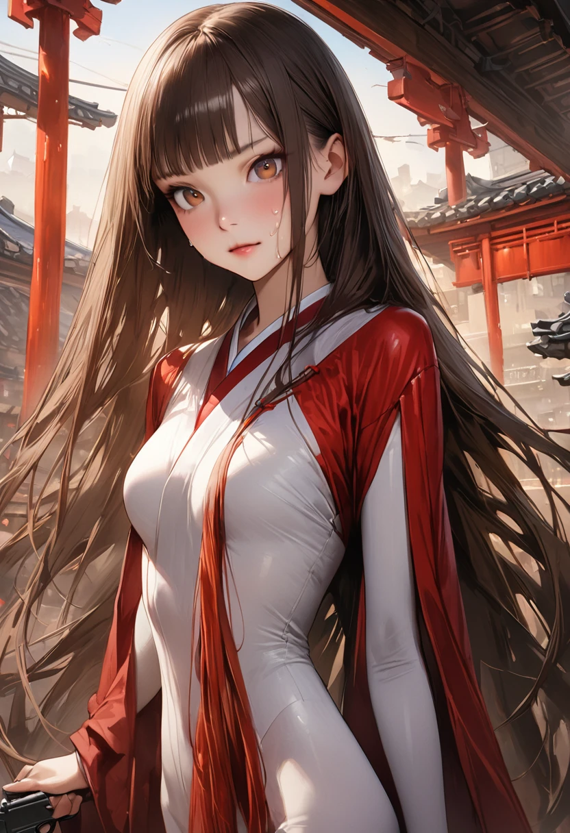 (((masterpiece,Highest quality:1.3,best quality illustration))),(realistic),cowboy shot,独奏,1woman,(18-year-old、Japanese Beauty)、brown hair,long hair,bangs,brown eyes,gorgeous eyes,((very small head:1.3)),((very long body:1.2,skinny)),medium breasts,(((Red ribbon tie、White collared shirt、Long sleeve、Navy blue pleated neakers,sweat,gleaming skin,toned body,slender body,(Shooting stance、Shoot a gun),Holding a handgun in your hand、Sneakers、Ruined town、at night、Tokyo、World of Blade Runner、Action Scenes、