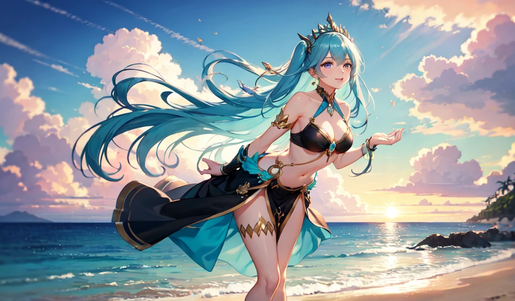 Create a high-quality animated image of a beautiful female character set in a fantasy seaside setting. She has long, flowing aqua green hair, adorned with shells and pearls. Her eyes are a sparkling blue, reflecting the ocean at sunset. She wears a stylish, revealing ocean-themed outfit with intricate details, such as a flowing skirt made of translucent fabric that resembles sea foam and coral accessories.
The setting is a magical beach with mystical elements such as crystal clear turquoise waters, white sand, and a floating island in the background. The sky gives off a magical aura with orange and purple hues indicating a sunset.
The character stands leaning forward on the beach with her hands on her hips. She gently touches her feet to the water and wears a playful, charming smile, creating a warm and enchanting atmosphere. She should embody the beauty and mystery of a fantasy seaside world with an elegant, yet approachable appearance.