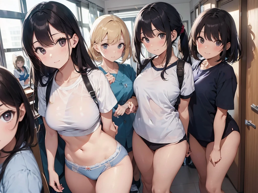 ((Highest quality)), ((masterpiece)), (detailed),Perfect Face,A group of nurses in a hospital taking off their underwear and exposing their lower bodies,